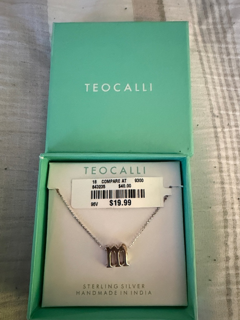 Sterling Silver 'M' Initial Necklace in Turquoise